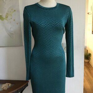 GUESS Textured Pencil Short Dress Padded Long Sleeve Zipper Back Lined Green S
